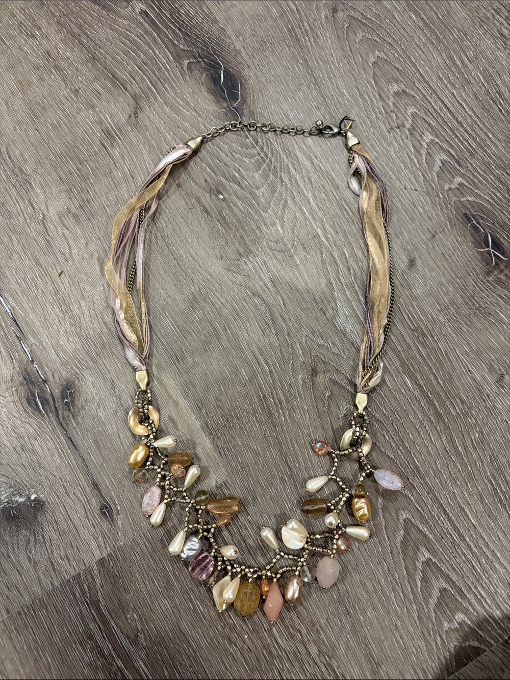 Chico's Gold, Cream, Pink and Tan Multi-Bead Statement Necklace